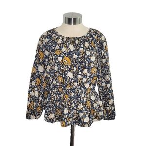 Universal Thread Floral Peplum Long Sleeve Rayon Top Women's Size S Navy & Gold